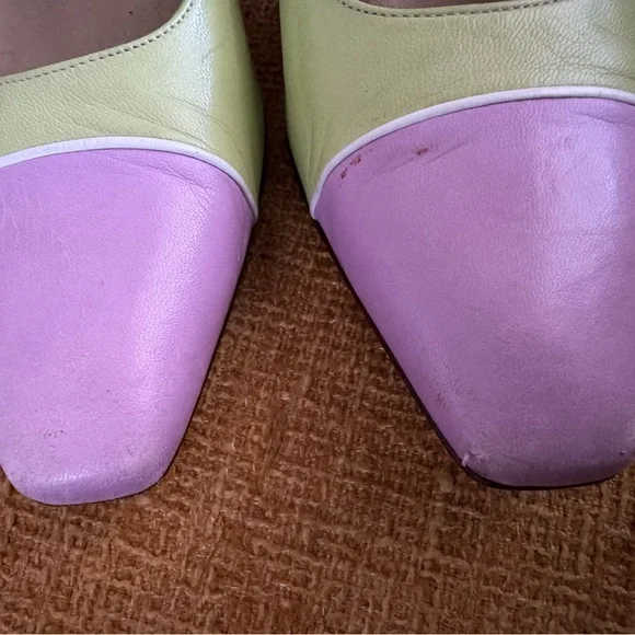 Vtg ST JOHN Lime Green Lavender Color Block Pumps 7.5 B Classic Rare 80s - Picture 3 of 8